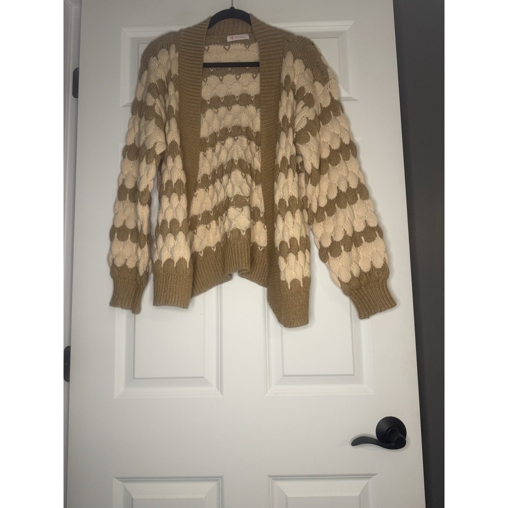 Kirundo Chunky Knit Textured Open Front Cardigan Brown Pink Small